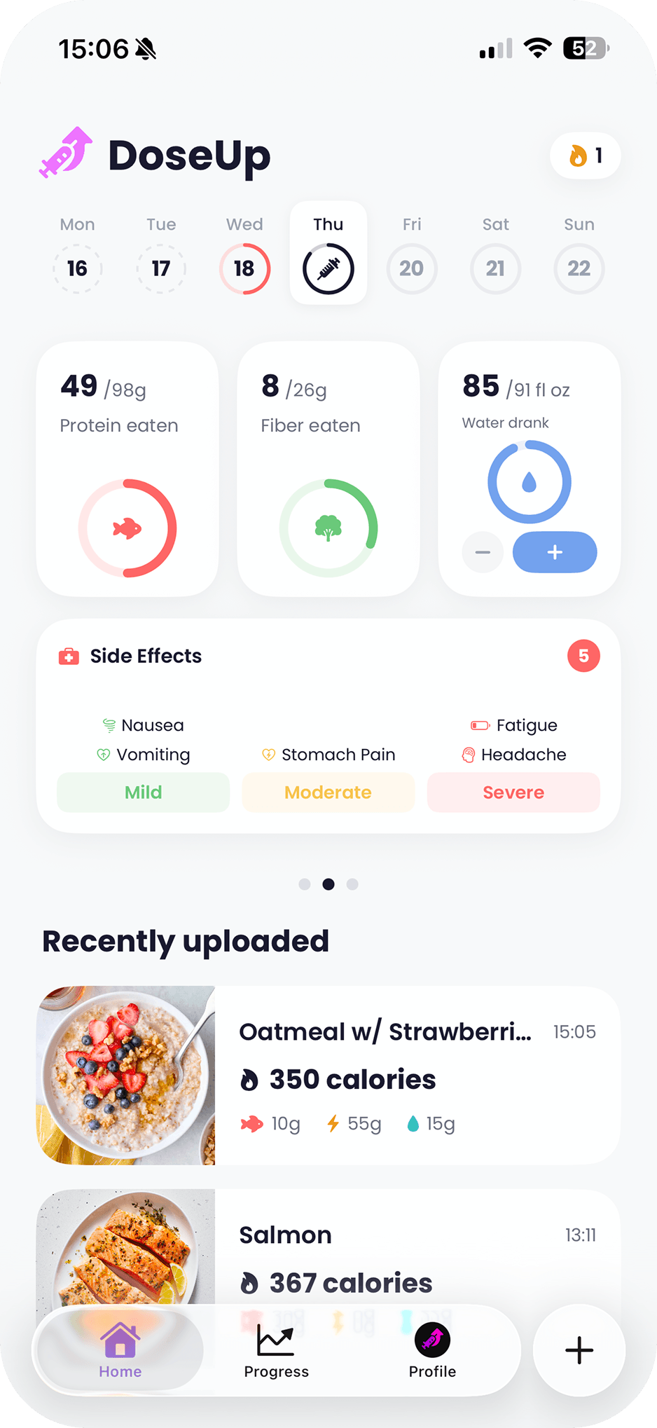 Daily nutrition rings, side effects, and recently uploaded meals